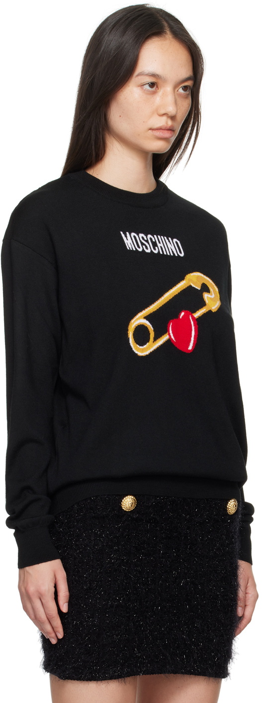 Moschino Black Intarsia Heart Safety Pin Sweater