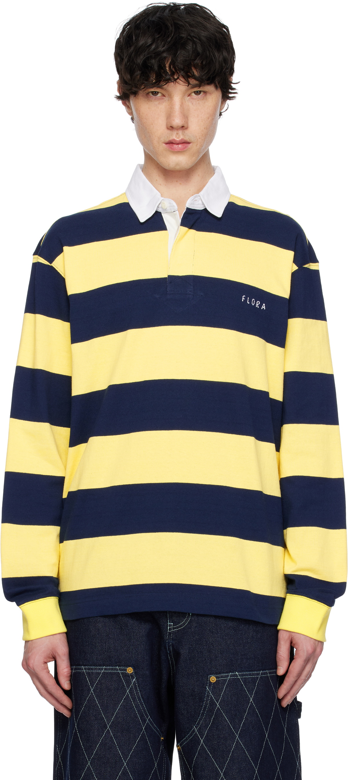 AFTER PRAY Yellow & Navy Stripe Jersey Rugby Polo