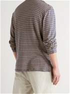 BARENA - Shawl-Collar Striped Linen-Jersey T-Shirt - Blue