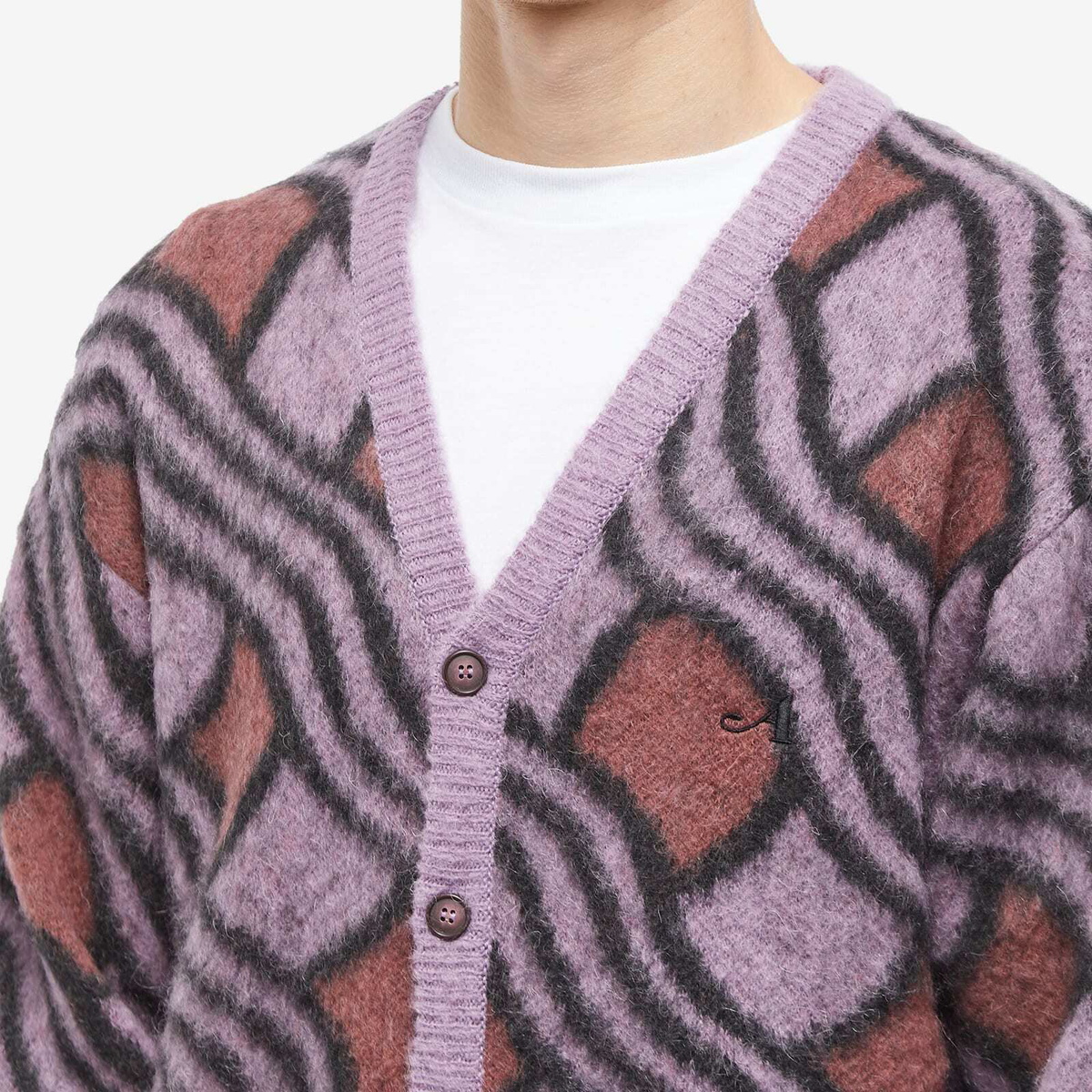 Awake NY Men's Wavy Jacquard Mohair Cardigan in Pink/Rust Awake NY Men's Wavy Jacquard Mohair Cardigan in Pink/Rust