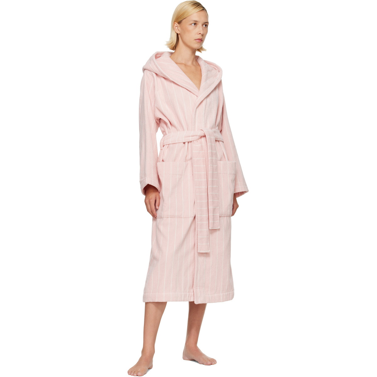 Tekla Pink & White Terry Hooded Bathrobe