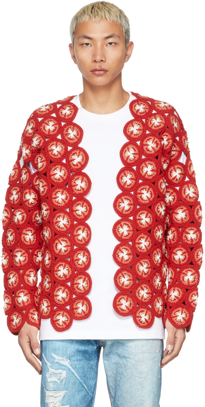 Doublet Red Crochet Cut Fruits Cardigan Doublet