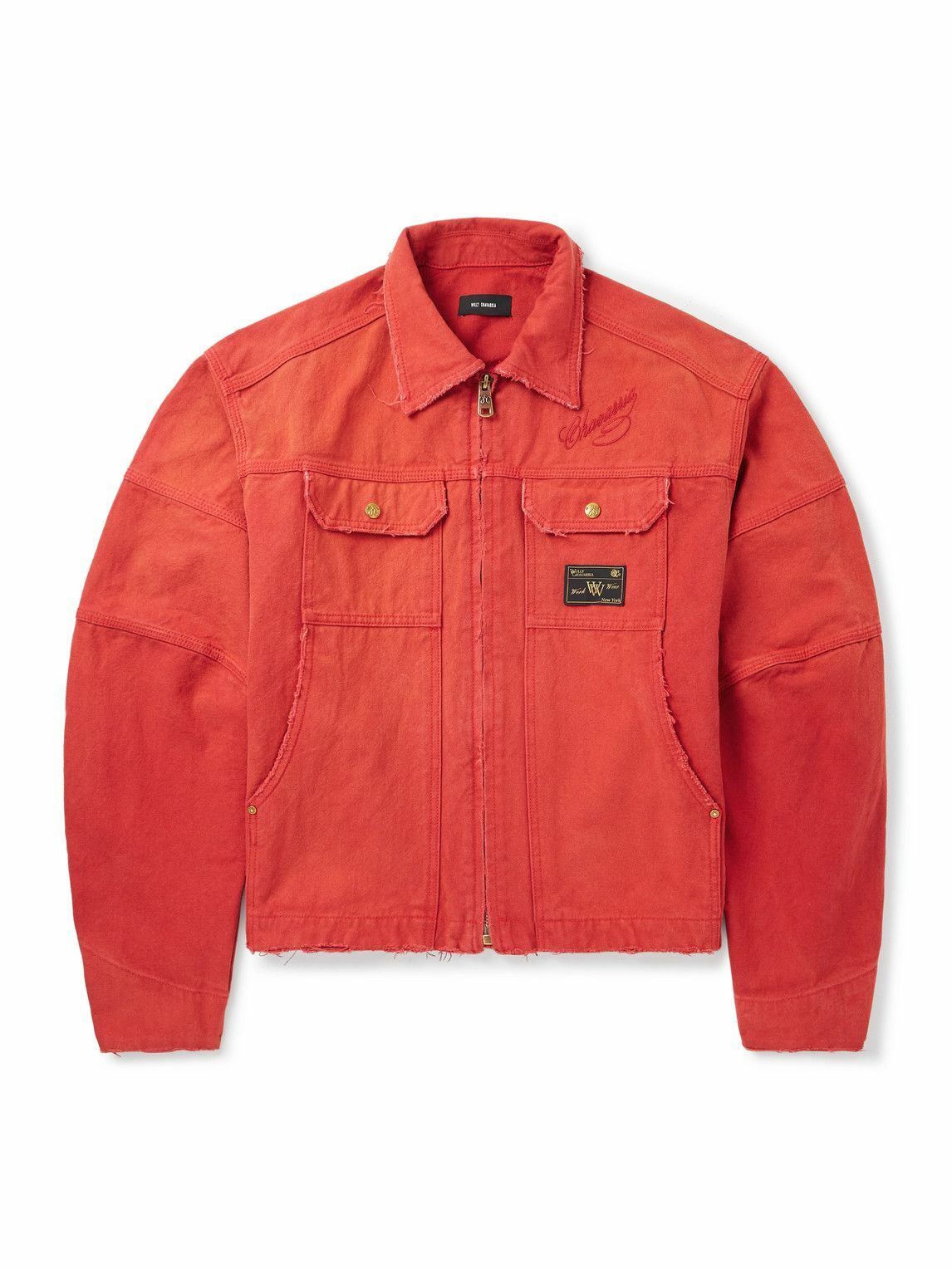 Willy Chavarria - Stockton Cropped Logo-Detailed Distressed Denim Jacket - Red