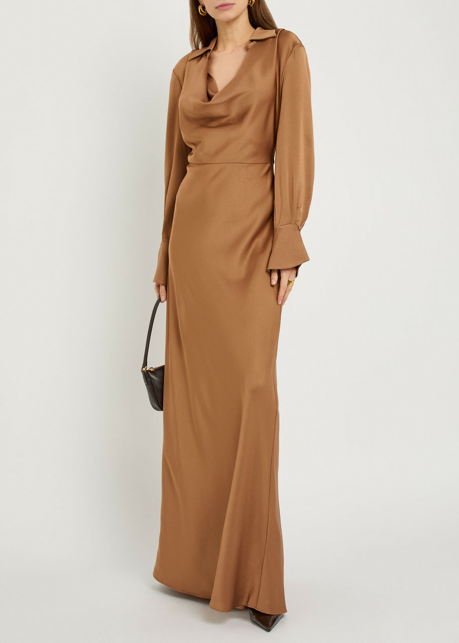Simkhai Adelle Draped Satin Maxi Shirt Dress Brown