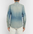 Balmain - Grandad-Collar Logo-Embroidered Distressed Denim Shirt - Blue