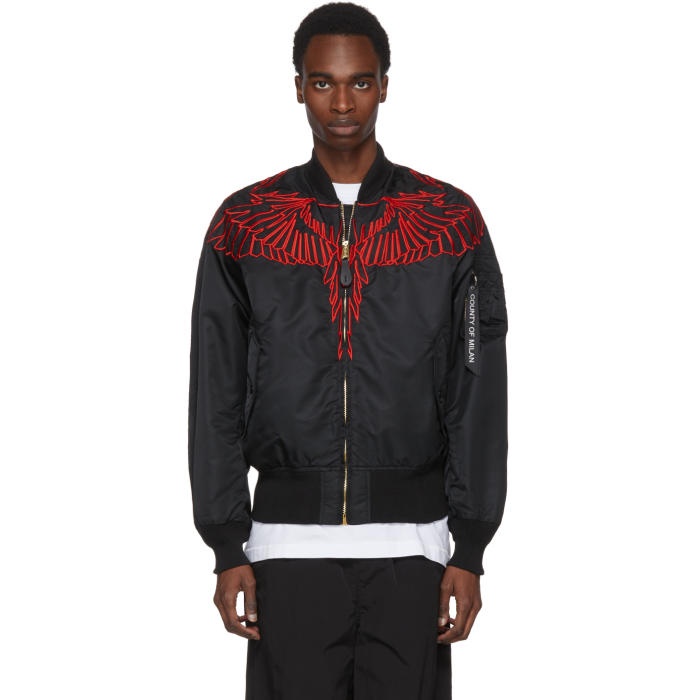 Photo: Marcelo Burlon County of Milan Black and Red Alpha Industries Edition Wing MA-1 Bomber Jacket