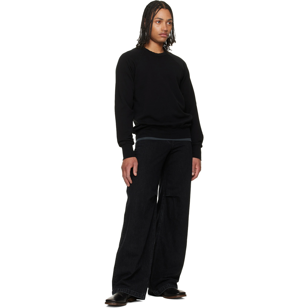 Les Tien Black French Terry Binded Neck Raglan Sweatshirt