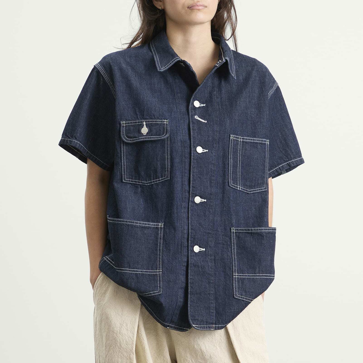 Beams Boy Women's Denim Short Sleeve top in Indigo
