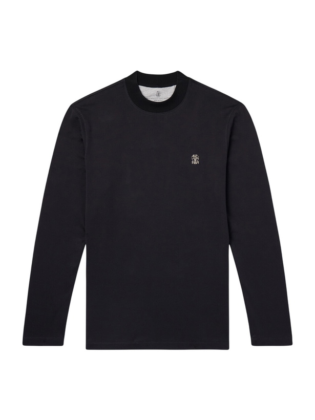 Photo: Brunello Cucinelli - Logo-Embroidered Cotton-Jersey T-Shirt - Blue