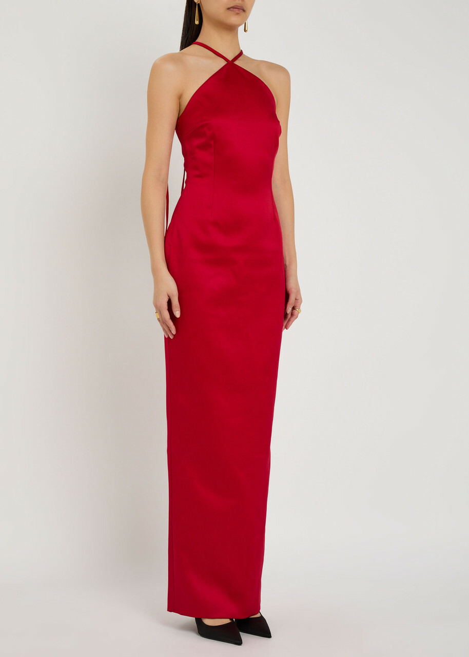 Solace London Fern Halterneck Satin Maxi Dress Red