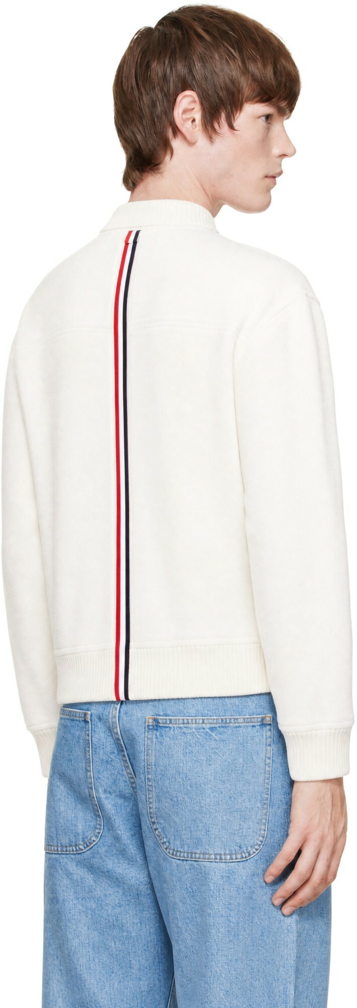 Thom Browne White CB Stripe Wool Fleece Sweater