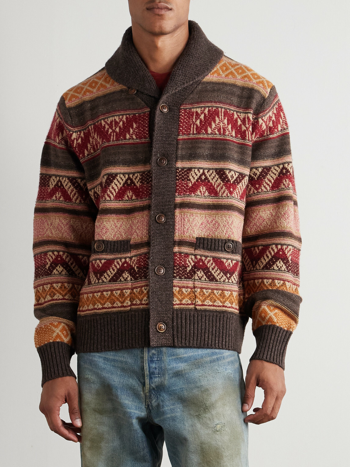 RRL - Shawl-Collar Wool, Linen and Silk-Blend Jacquard Cardigan - Brown