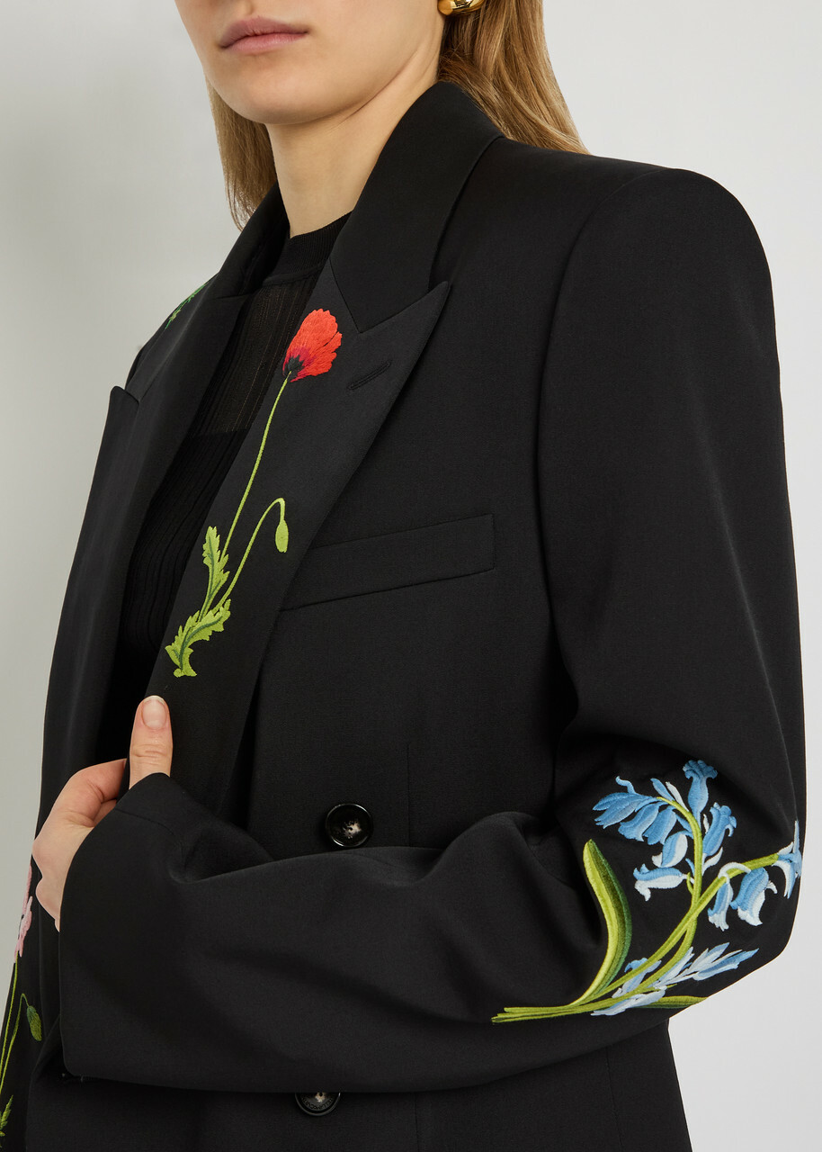 Stella Mccartney Boyfriend Floral-embroidered Wool Blazer Black