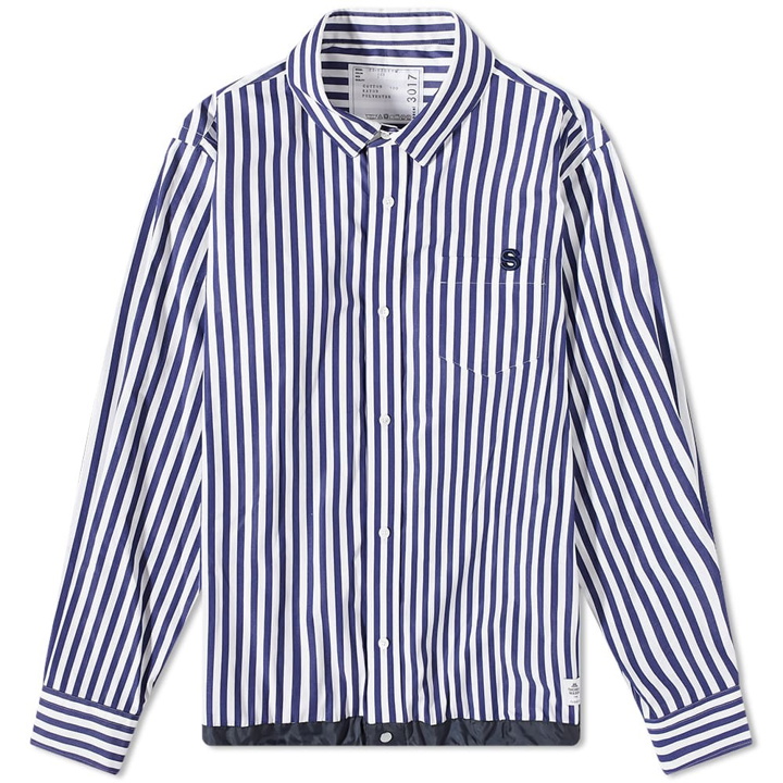 Photo: Sacai Men's Thomas Mason Poplin Overshirt in Navy Stripe