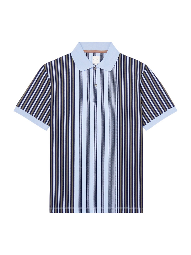 Photo: Paul Smith - Striped Knitted Cotton Polo Shirt - Blue