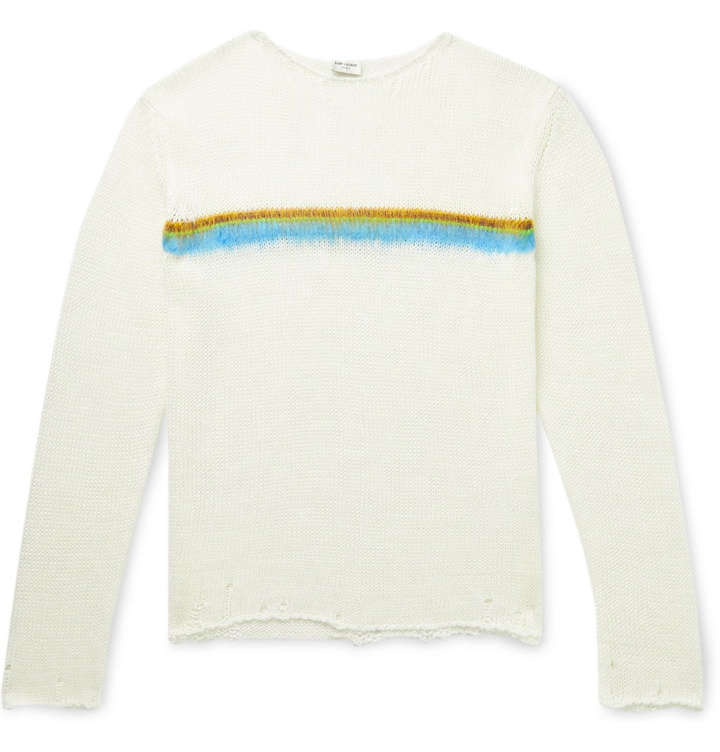Photo: SAINT LAURENT - Distressed Intarsia Linen-Blend Sweater - Neutrals