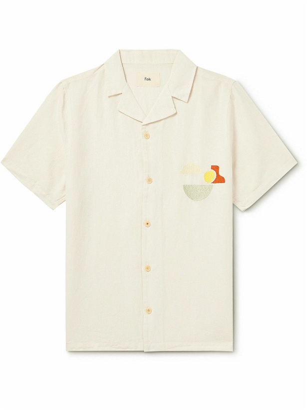 Photo: Folk - Camp-Collar Embroidered Linen and Cotton-Blend Shirt - Neutrals