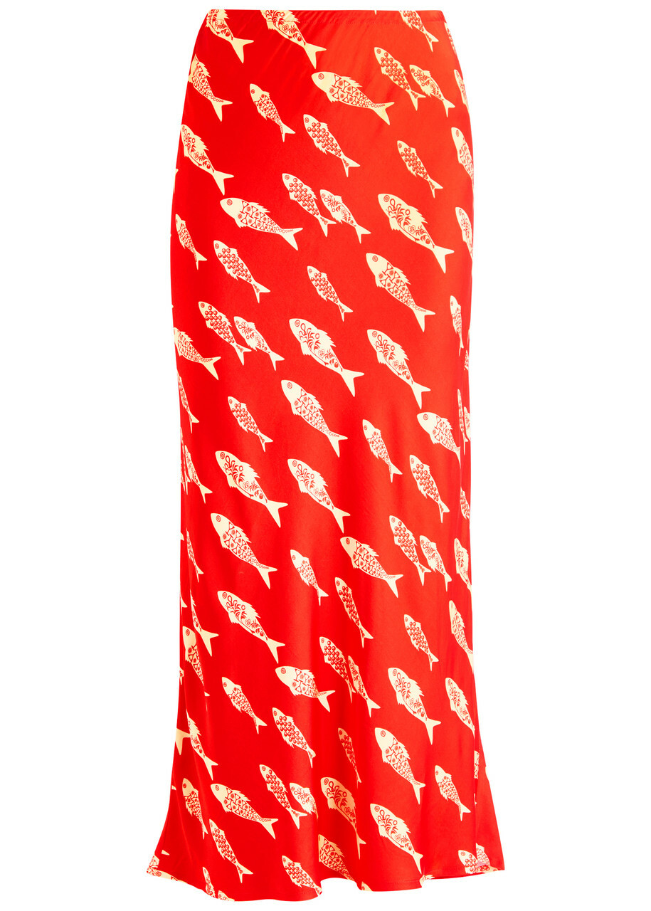 Never Fully Dressed Marina Dorris Printed Satin Midi Skirt Red