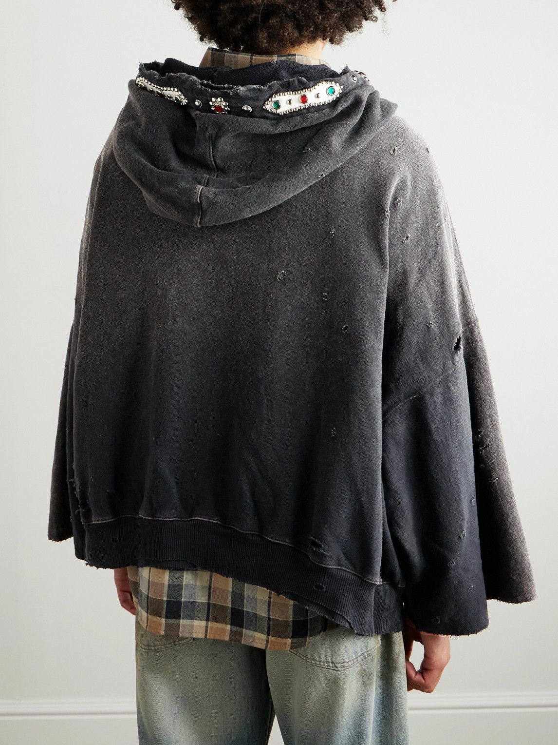 KAPITAL - Embelished Distressed Cotton-Jersey Zip-Up Hoodie