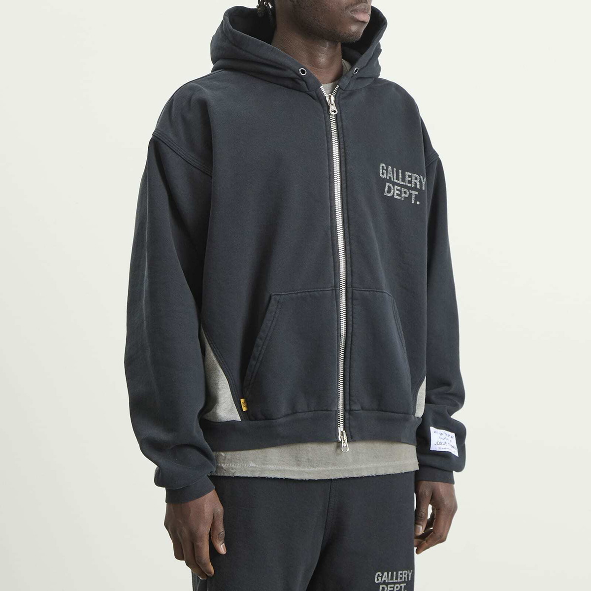 Gallery Dept Men's . Contrast Panel Zip Hoodie in Washed Black/Heather Grey