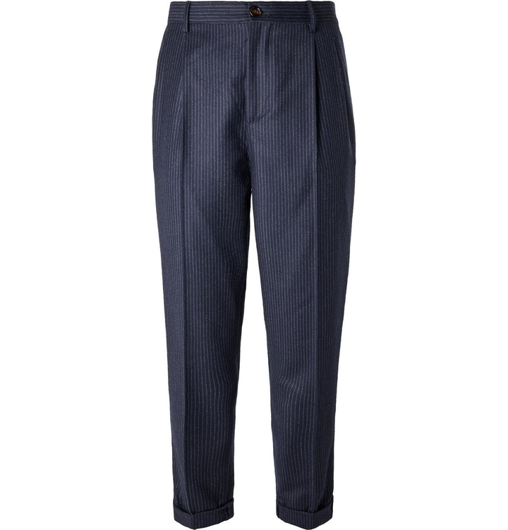 Photo: Brunello Cucinelli - Cropped Tapered Pleated Pinstriped Wool Trousers - Blue
