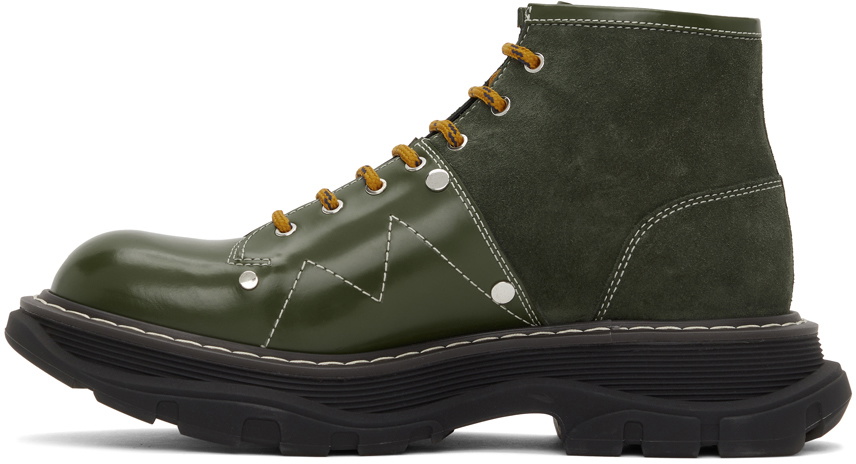 Alexander McQueen Green Leather & Suede Tread Lace-Up Boots  display picture 3