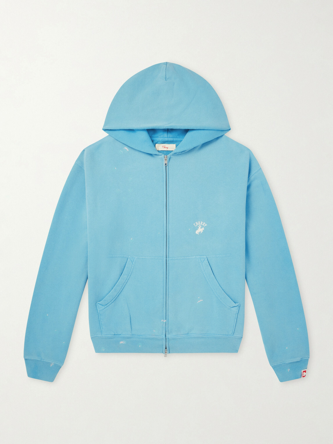 Cherry Los Angeles - Logo-Embroidered Paint-Splattered Cotton-Jersey Zip-Up Hoodie - Blue