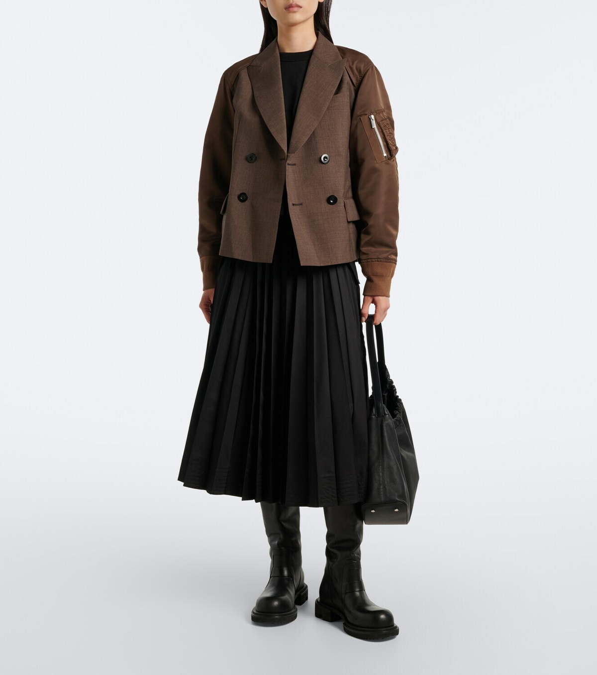 Sacai Double-breasted wool and technical jacket