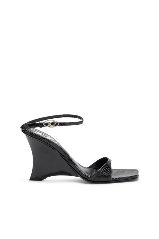 Photo: Diesel D-Amber-Wedge sandals in lizard-effect leather - Sandals Womens in Black