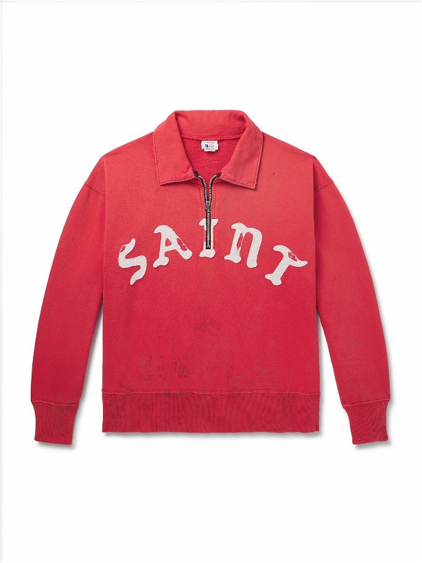 Photo: SAINT Mxxxxxx - Distressed Logo-Appliquéd Cotton-Jersey Half-Zip Sweatshirt - Red