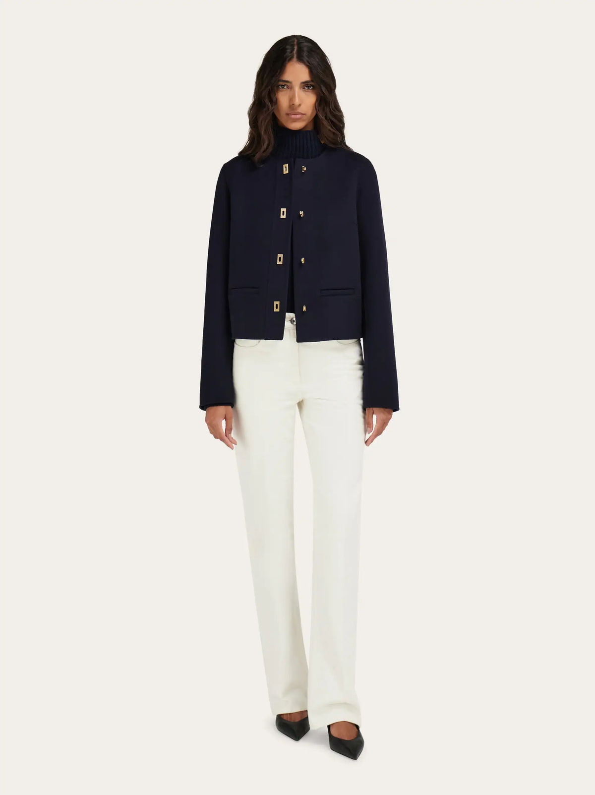 Ferragamo Womens Boxy jacket with Gancini buttons in Blue