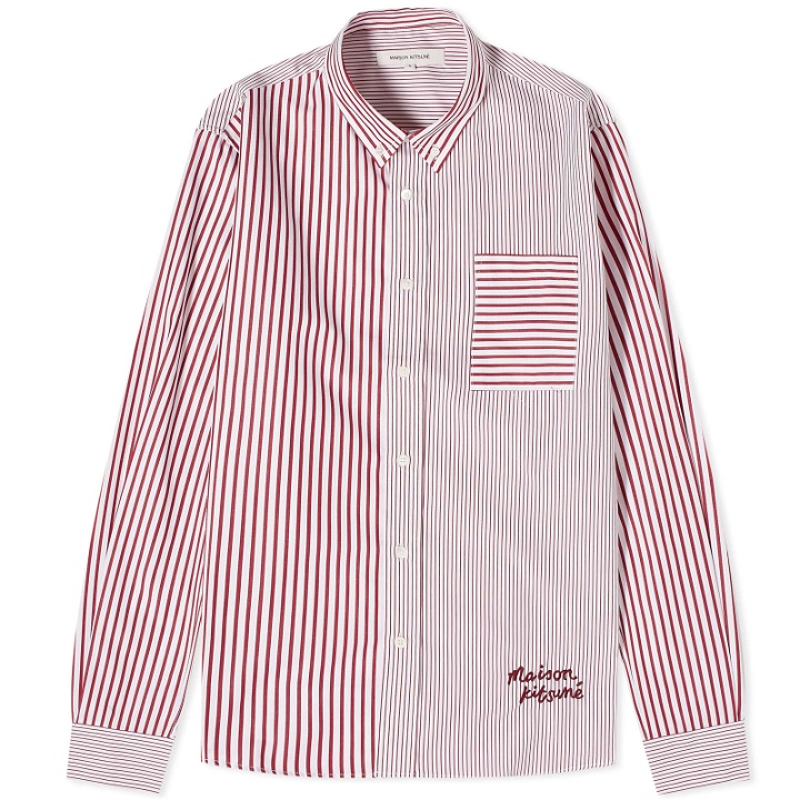 Photo: Maison Kitsuné Men's Handwriting Logo Fun Mix Stripe Shirt in White/Red