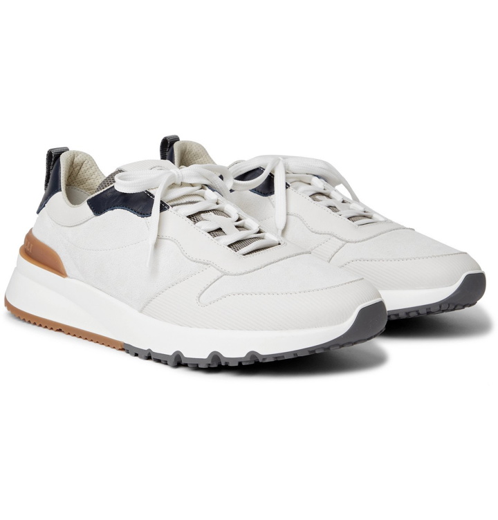 Photo: Brunello Cucinelli - Rubber and Mesh-Trimmed Suede and Leather Sneakers - White