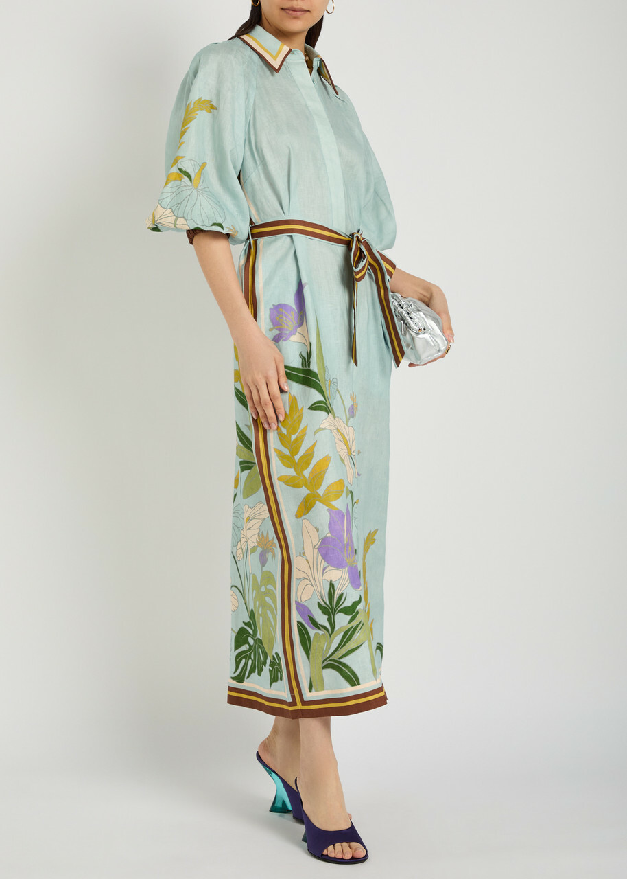 Alemais Alfie Belted Printed Linen Midi Shirt Dress Blue