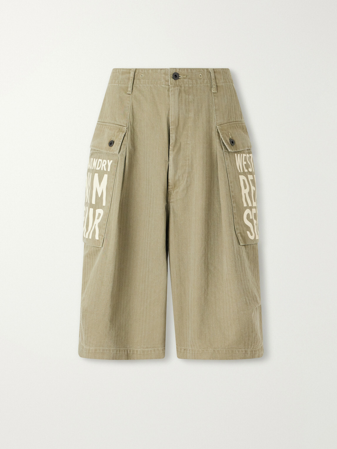 KAPITAL - Wide-Leg Printed Herringbone Cotton Shorts - Green