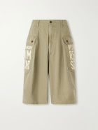 KAPITAL - Wide-Leg Printed Herringbone Cotton Shorts - Green