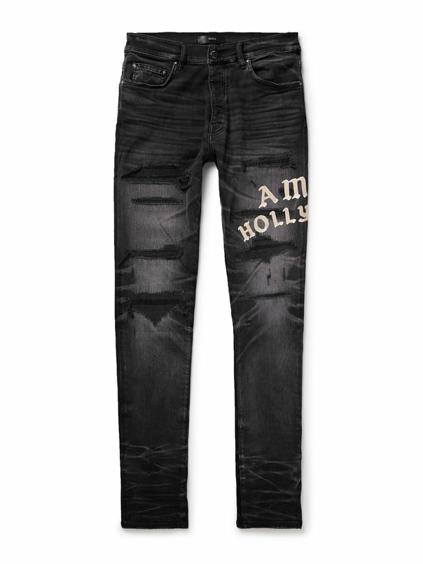 Photo: AMIRI - Hollywood Skinny-Fit Logo-Flocked Distressed Jeans - Black