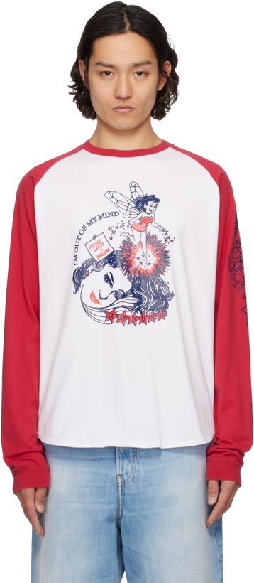 Photo: AMBUSH White & Red Raglan Long Sleeve T-shirt