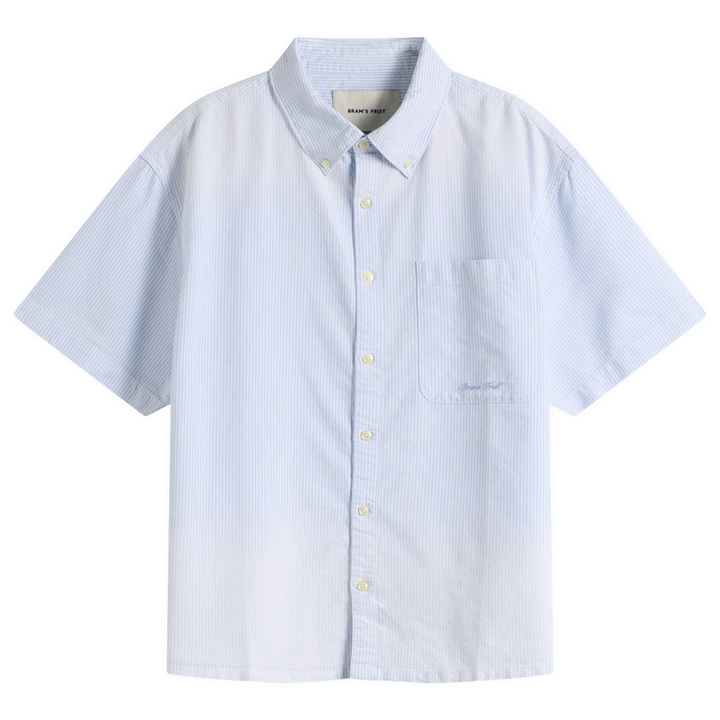 Photo: Bram's Fruit Men's Distressed Oxford Shortsleeve Shirt in Light Blue