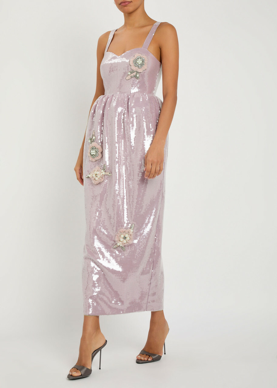 Huishan Zhang Esmeralda Floral-appliquéd Sequin Midi Dress Lilac
