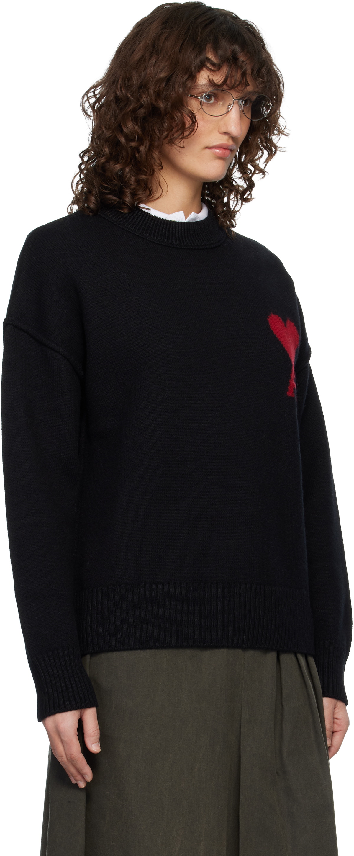 AMI Paris Black Wool Crewneck Ami de Coeur Sweater