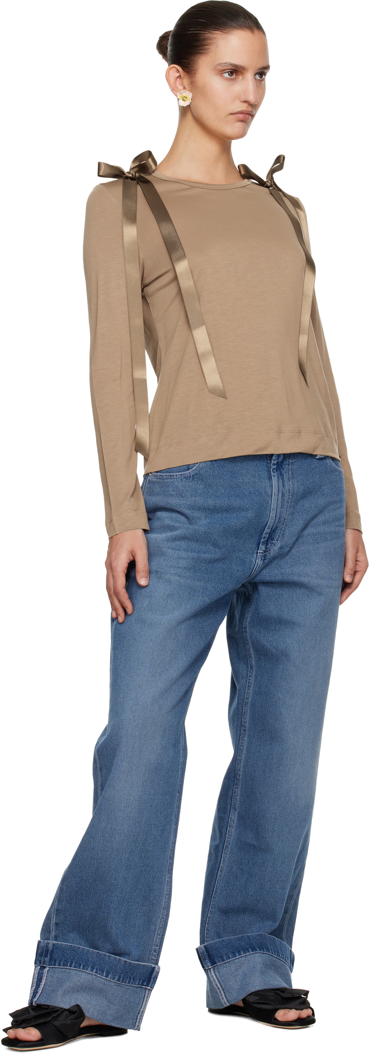 Simone Rocha Tan Bow Ribbon Tail Long Sleeve T-shirt