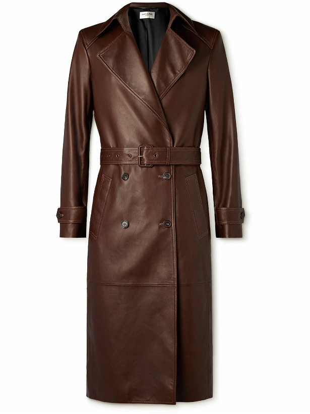 Photo: SAINT LAURENT - Double-Breasted Leather Trench Coat - Brown