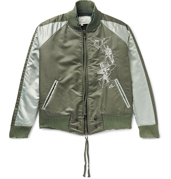 Photo: Greg Lauren - Distressed Embroidered Colour-Block Nylon-Twill and Satin Bomber Jacket - Green