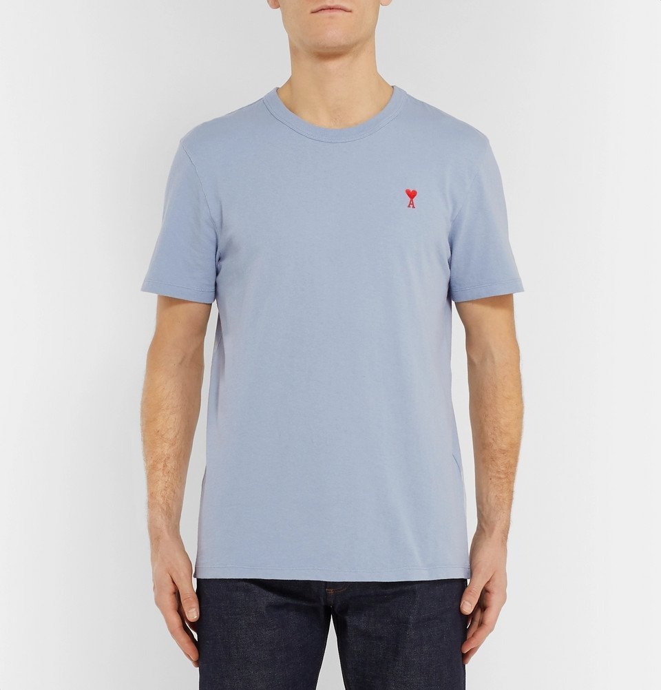 AMI - Embroidered Cotton-Jersey T-Shirt - Blue AMI