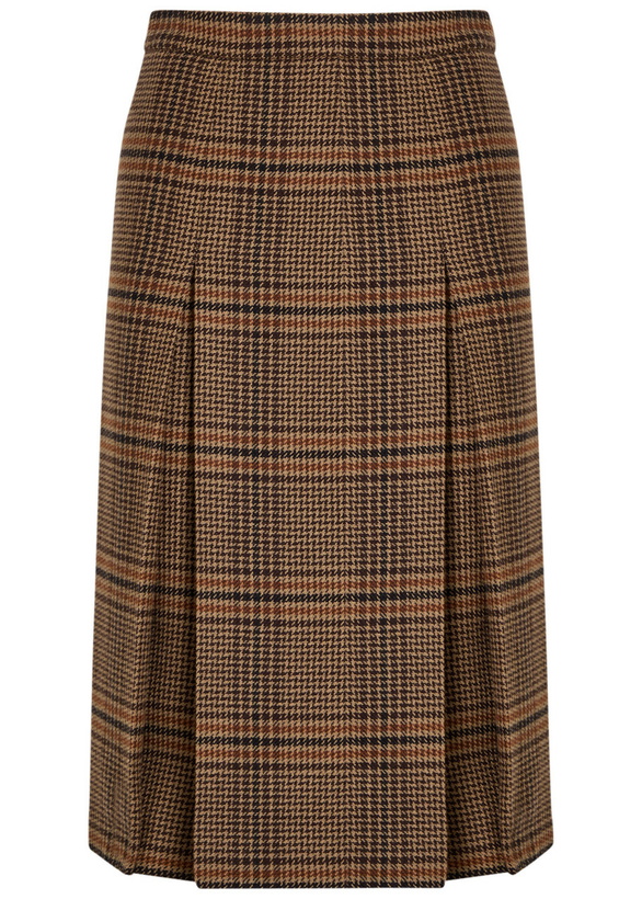 Photo: Saint Laurent Houndstooth Inverted-pleat Wool Midi Skirt Brown