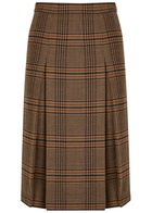 Saint Laurent Houndstooth Inverted-pleat Wool Midi Skirt Brown