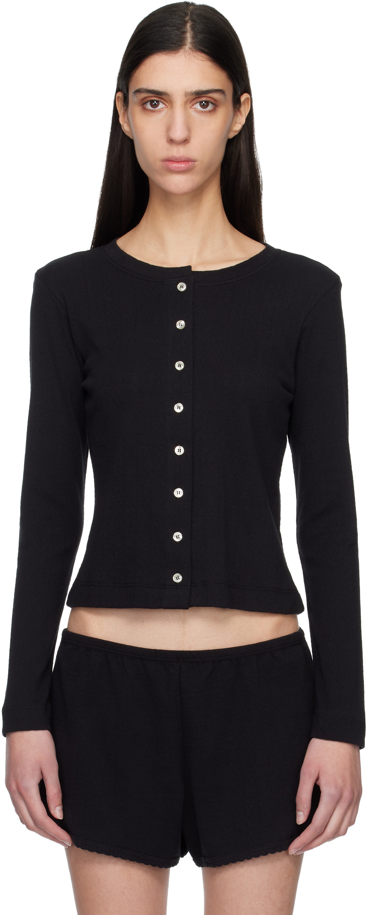 LESET Black Pointelle Classic Crew Cardigan