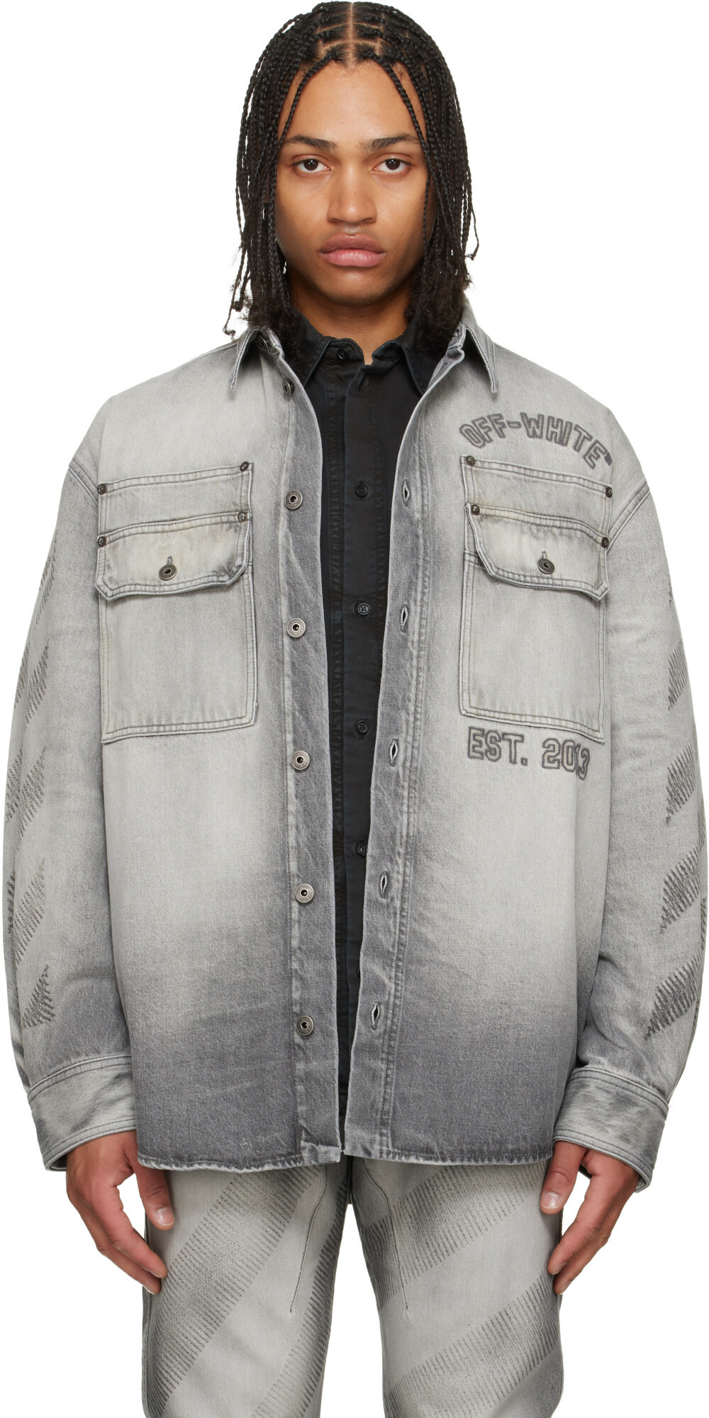 Off-White Gray Diagonal Embroidered Denim Military Overshirt