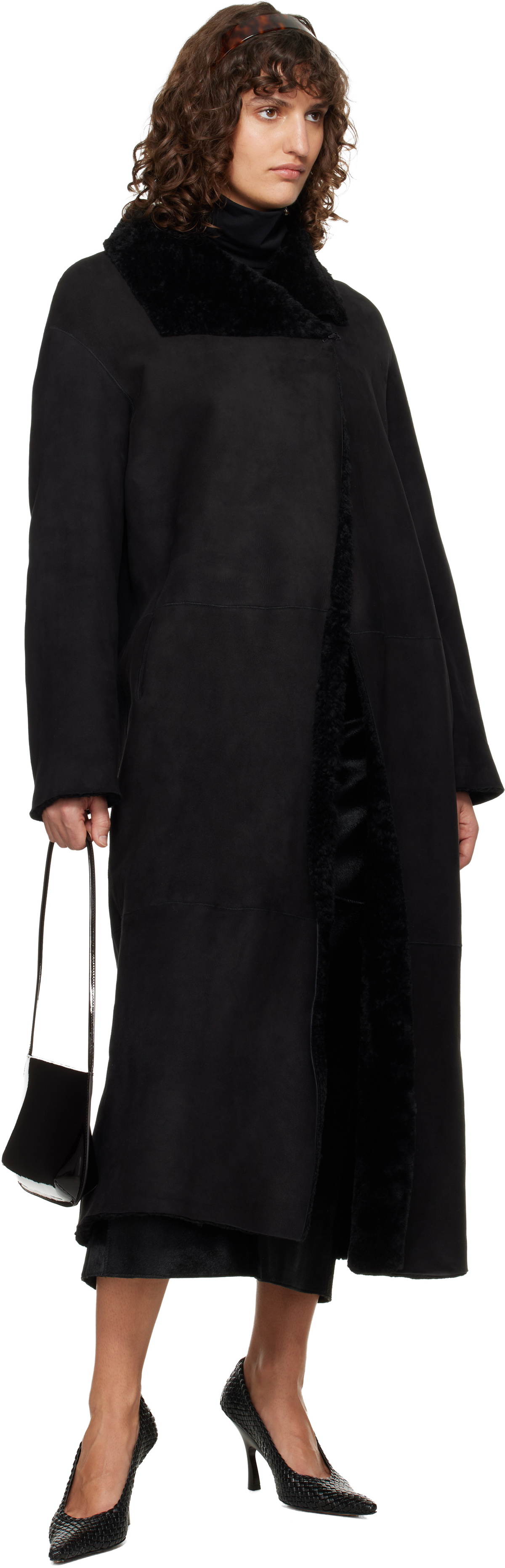 Nour Hammour Black Draped Shearling Birthday Coat
